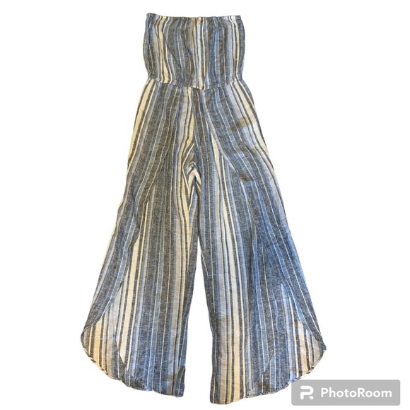 Anthropologie Drew Emerson Women’s Linen Strapless Jumpsuit Boho Blue Medium - Picture 2 of 7